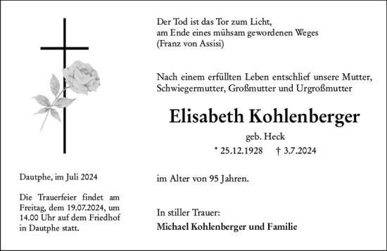 Traueranzeige von Elisabeth Kohlenberger von Hinterländer Anzeiger