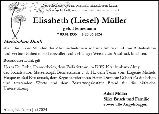 Traueranzeige von Elisabeth Müller von Allgemeine Zeitung Alzey