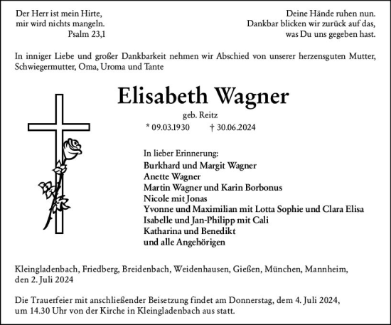 Traueranzeige von Elisabeth Wagner von Hinterländer Anzeiger