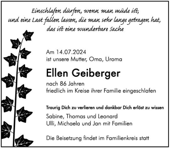 Traueranzeige von Ellen Geiberger von Allgemeine Zeitung Mainz