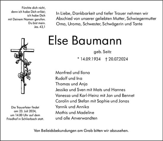 Traueranzeige von Else Baumann von Hinterländer Anzeiger