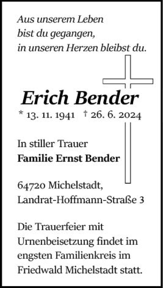 Traueranzeige von Erich Bender von Odenwälder Echo