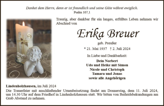 Traueranzeige von Erika Breuer von Nassauische Neue Presse