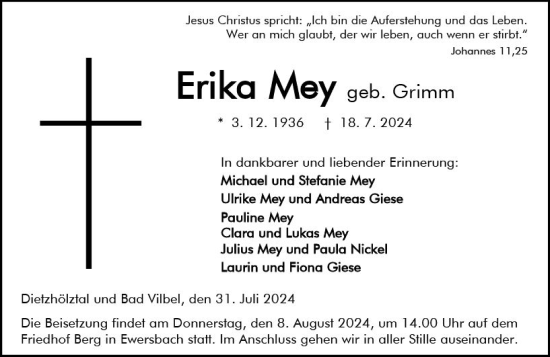 Traueranzeige von Erika Mey von Dill Block