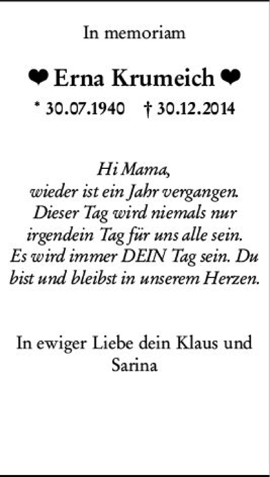 Traueranzeige von Erna Krumeich von Wiesbadener Kurier