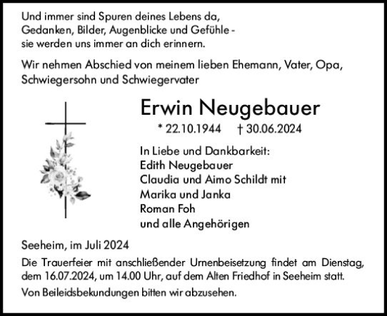 Traueranzeige von Erwin Neugebauer von Darmstädter Echo