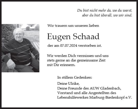 Traueranzeige von Eugen Schaad von Hinterländer Anzeiger