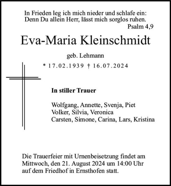 Traueranzeige von Eva-Maria Kleinschmidt von Darmstädter Echo