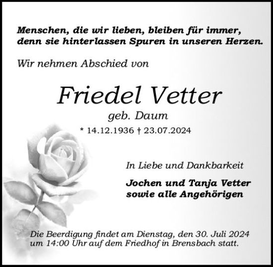 Traueranzeige von Friedel Vetter von Odenwälder Echo
