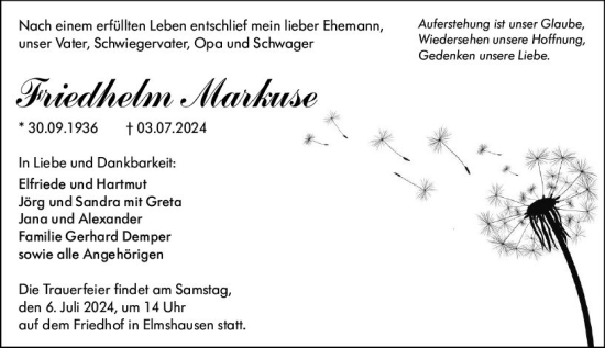 Traueranzeige von Friedhelm Markuse von Hinterländer Anzeiger