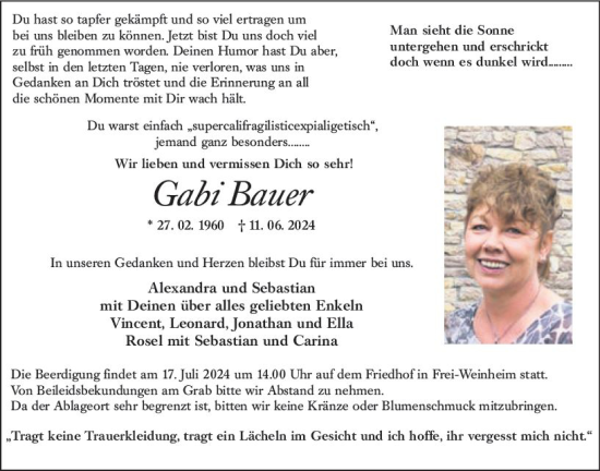 Traueranzeige von Gabi Bauer von Allgemeine Zeitung Rheinhessen-Nahe