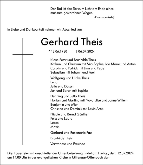 Traueranzeige von Gerhard Theis von Dill Block