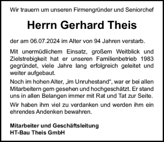Traueranzeige von Gerhard Theis von Dill Block