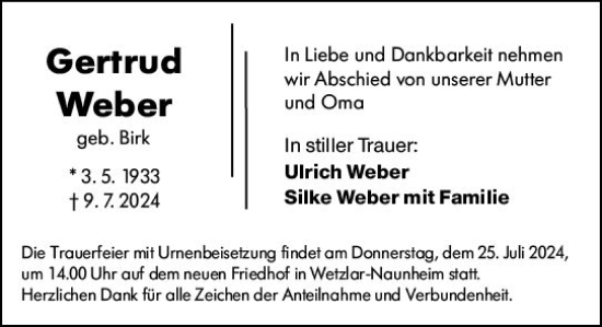 Traueranzeige von Gertrud Weber von Wetzlarer Neue Zeitung