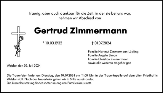 Traueranzeige von Gertrud Zimmermann von Wetzlarer Neue Zeitung