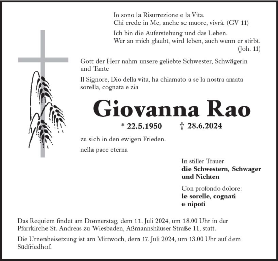 Traueranzeige von Giovanna Rao von Wiesbadener Kurier