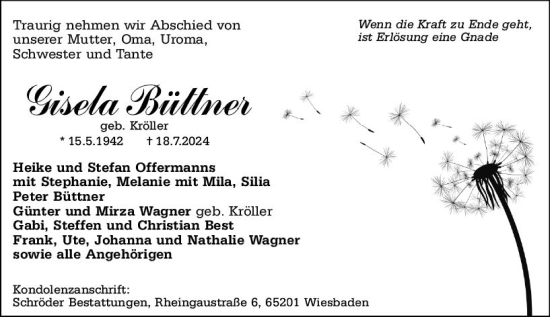 Traueranzeige von Gisela Büttner von Wiesbadener Kurier