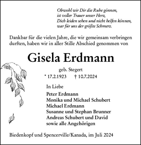 Traueranzeige von Gisela Erdmann von Hinterländer Anzeiger