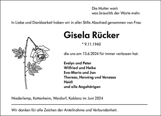 Traueranzeige von Gisela Rücker von Wetzlarer Neue Zeitung