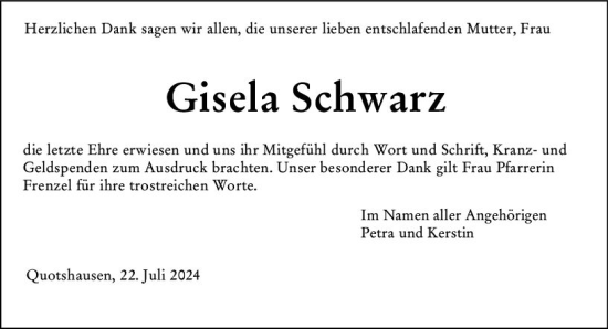Traueranzeige von Gisela Schwarz von Hinterländer Anzeiger