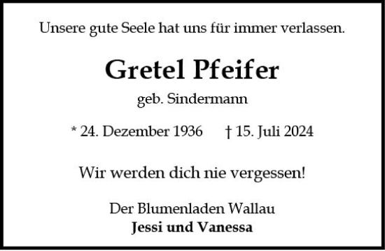 Traueranzeige von Gretel Pfeifer von Hinterländer Anzeiger