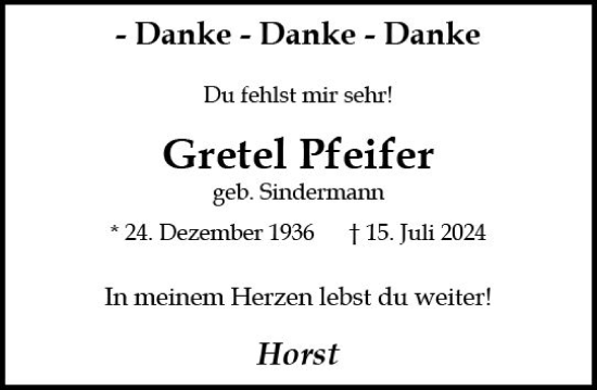 Traueranzeige von Gretel Pfeifer von Hinterländer Anzeiger