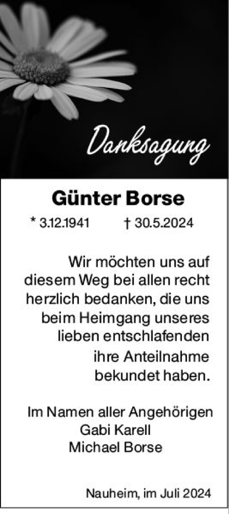 Traueranzeige von Günter Borse von Rüsselsheimer Echo