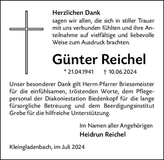 Traueranzeige von Günter Reichel von Hinterländer Anzeiger