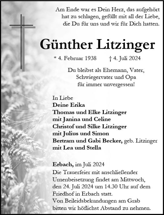 Traueranzeige von Günther Litzinger von Camberger Anzeiger