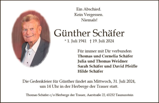 Traueranzeige von Günther Schäfer von Wiesbadener Kurier