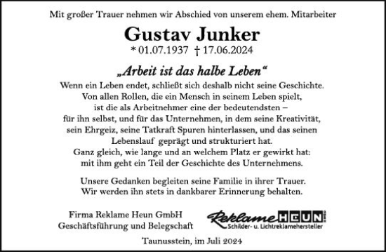 Traueranzeige von Gustav Junker von Wiesbadener Kurier