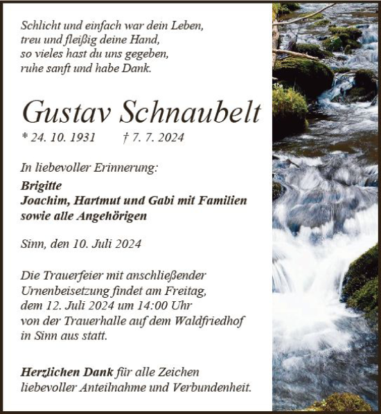 Traueranzeige von Gustav Schnaubelt von Dill Block