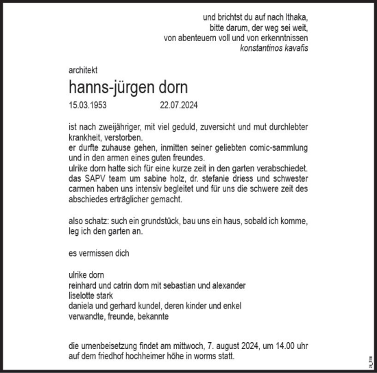 Traueranzeige von Hanns-Jürgen Dorn von Wormser Zeitung