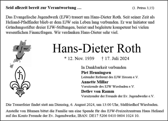 Traueranzeige von Hans-Dieter Roth von Wiesbadener Kurier