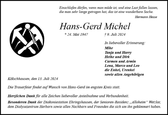 Traueranzeige von Hans-Gerd Michel von Wetzlarer Neue Zeitung