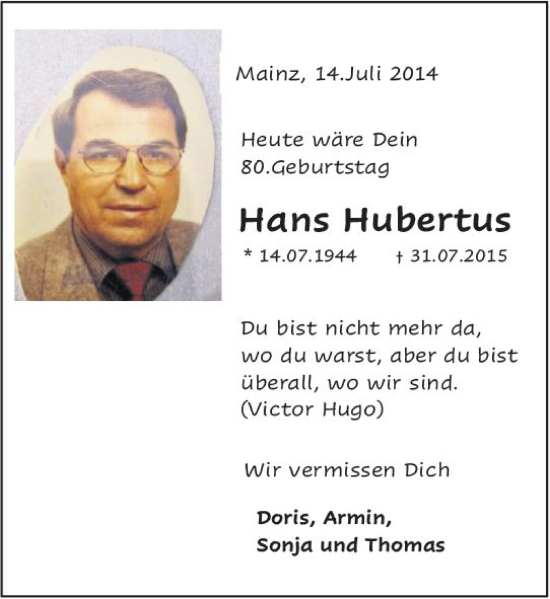 Traueranzeige von Hans Hubertus von Allgemeine Zeitung Mainz