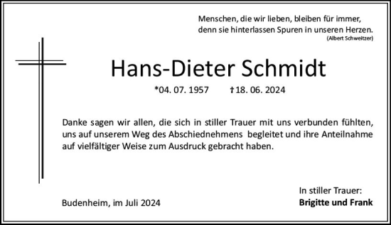 Traueranzeige von Hans Dieter Schmidt von Wiesbadener Kurier