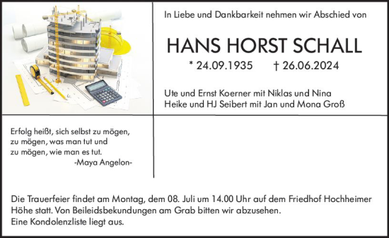 Traueranzeige von Hans Horst Schall von Wormser Zeitung
