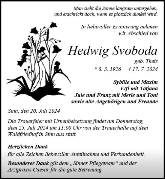 Traueranzeige von Hedwig Svoboda von Dill Block