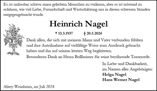 Traueranzeige von Heinrich Nagel von Allgemeine Zeitung Alzey