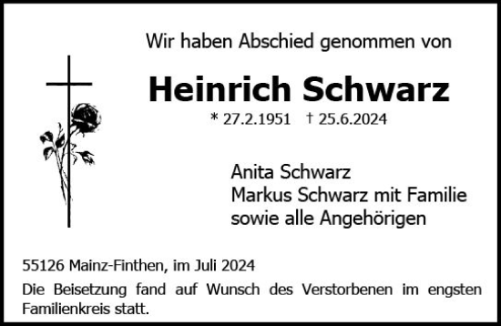Traueranzeige von Heinrich Schwarz von Allgemeine Zeitung Mainz