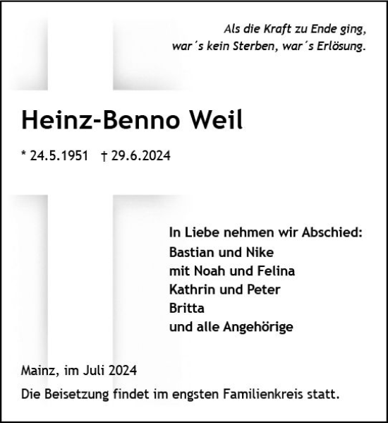 Traueranzeige von Heinz-Benno Weil von Allgemeine Zeitung Mainz