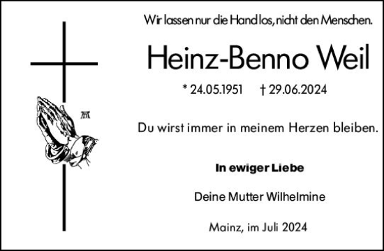 Traueranzeige von Heinz-Benno Weil von Allgemeine Zeitung Mainz