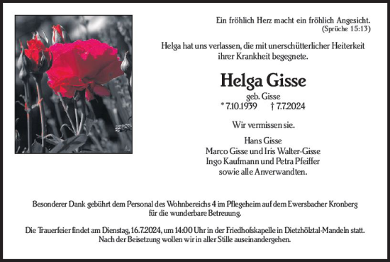 Traueranzeige von Helga Gisse von Dill Block