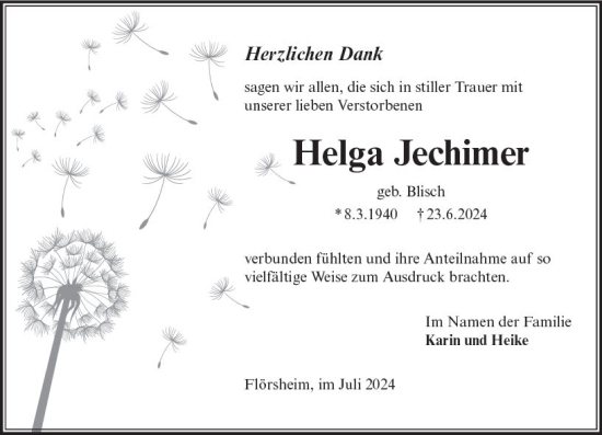 Traueranzeige von Helga Jechimer von Rüsselsheimer Echo