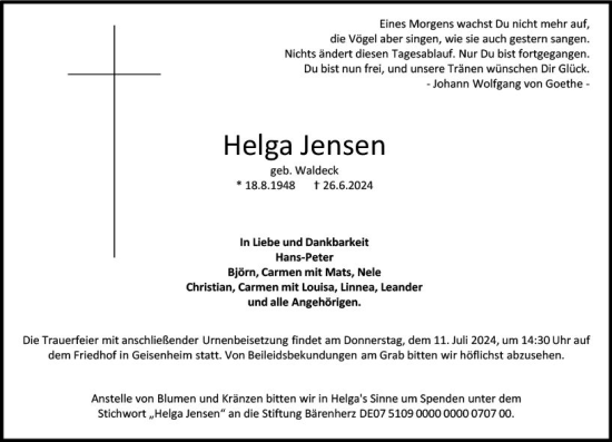 Traueranzeige von Helga Jensen von Wiesbadener Kurier