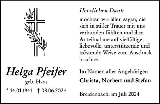 Traueranzeige von Helga Pfeifer von Hinterländer Anzeiger