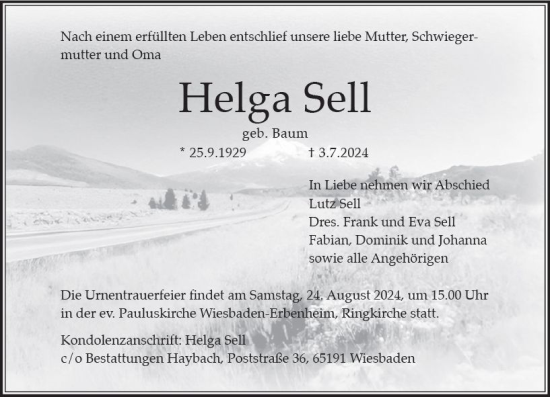Traueranzeige von Helga Sell von Wiesbadener Kurier
