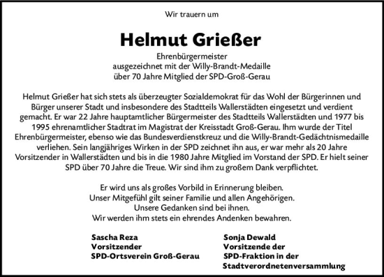 Traueranzeige von Helmut Grießer von Groß-Gerauer Echo