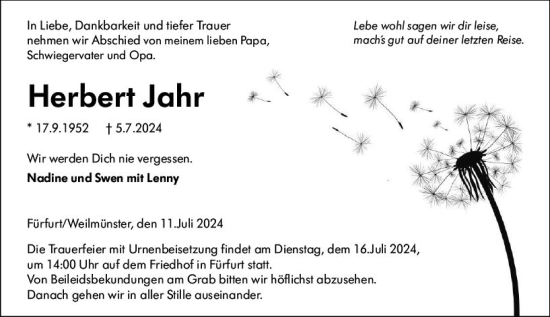 Traueranzeige von Herbert Jahr von Weilburger Tageblatt